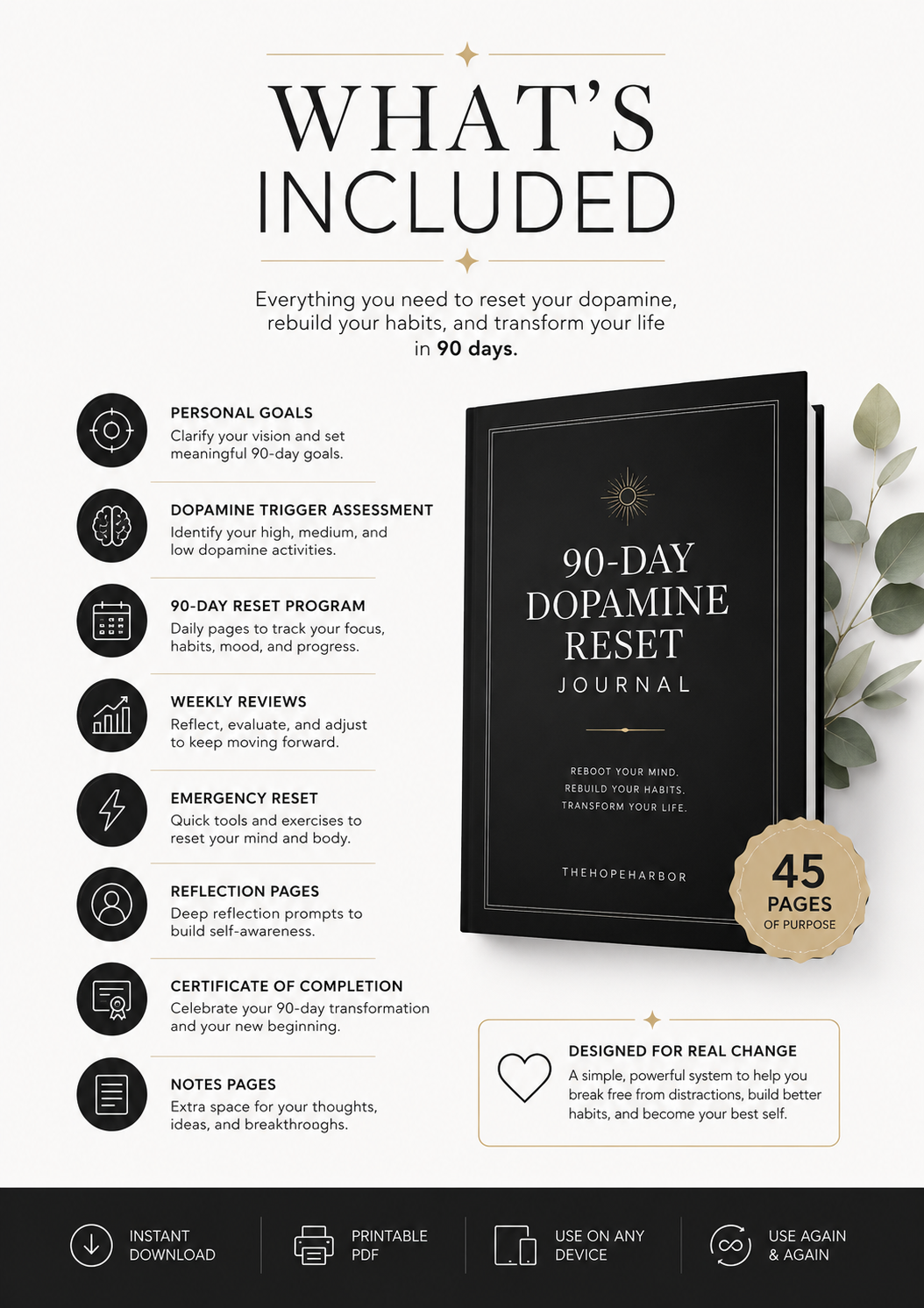 90 Day Dopamine Reset Workbook | Break Bad Habits & Reclaim Focus | Digital Detox, Self-Discipline & Mindset Journal | Printable PDF